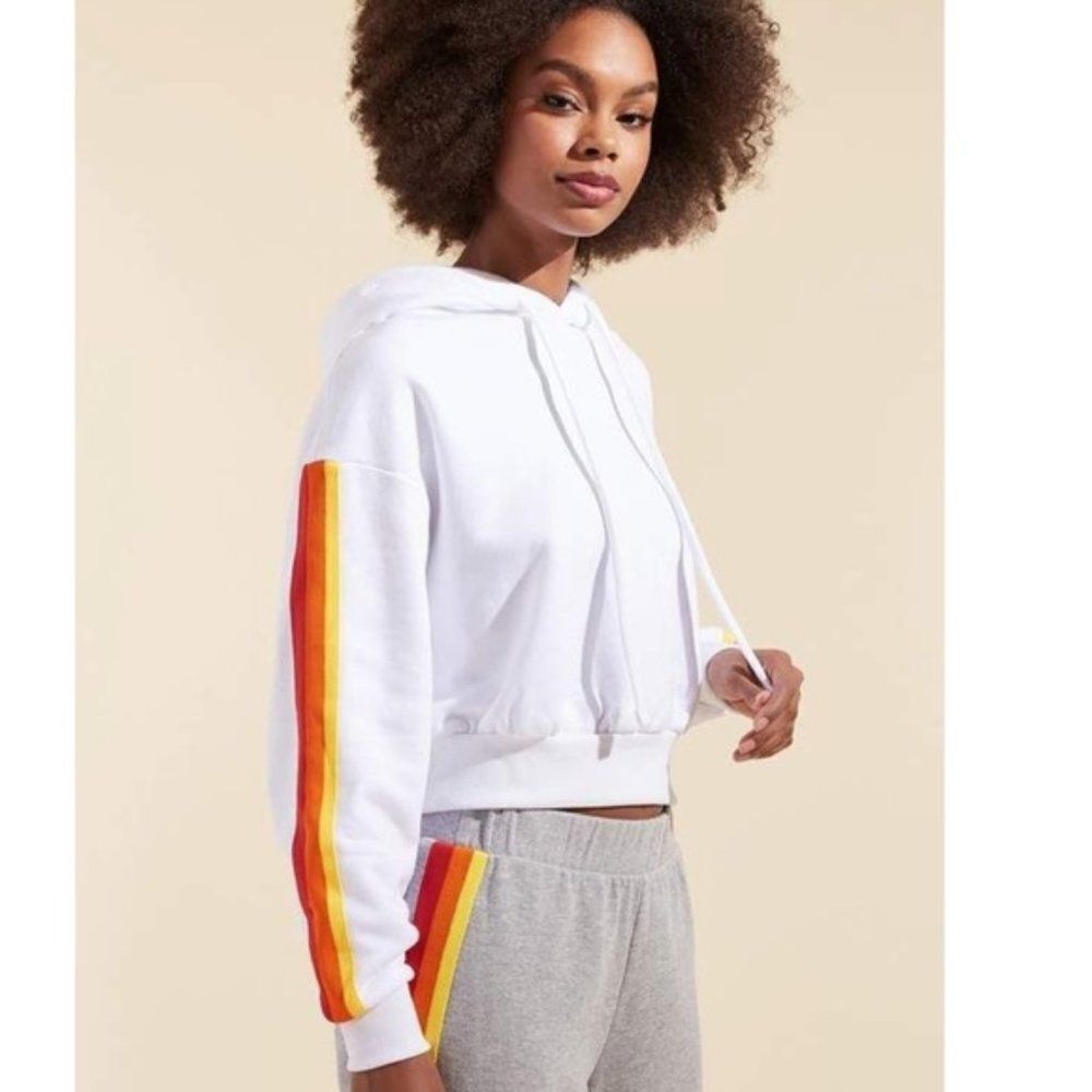 Wesley Womens White Cropped Rainbow Stripe Hoodie Cotton French Terry S